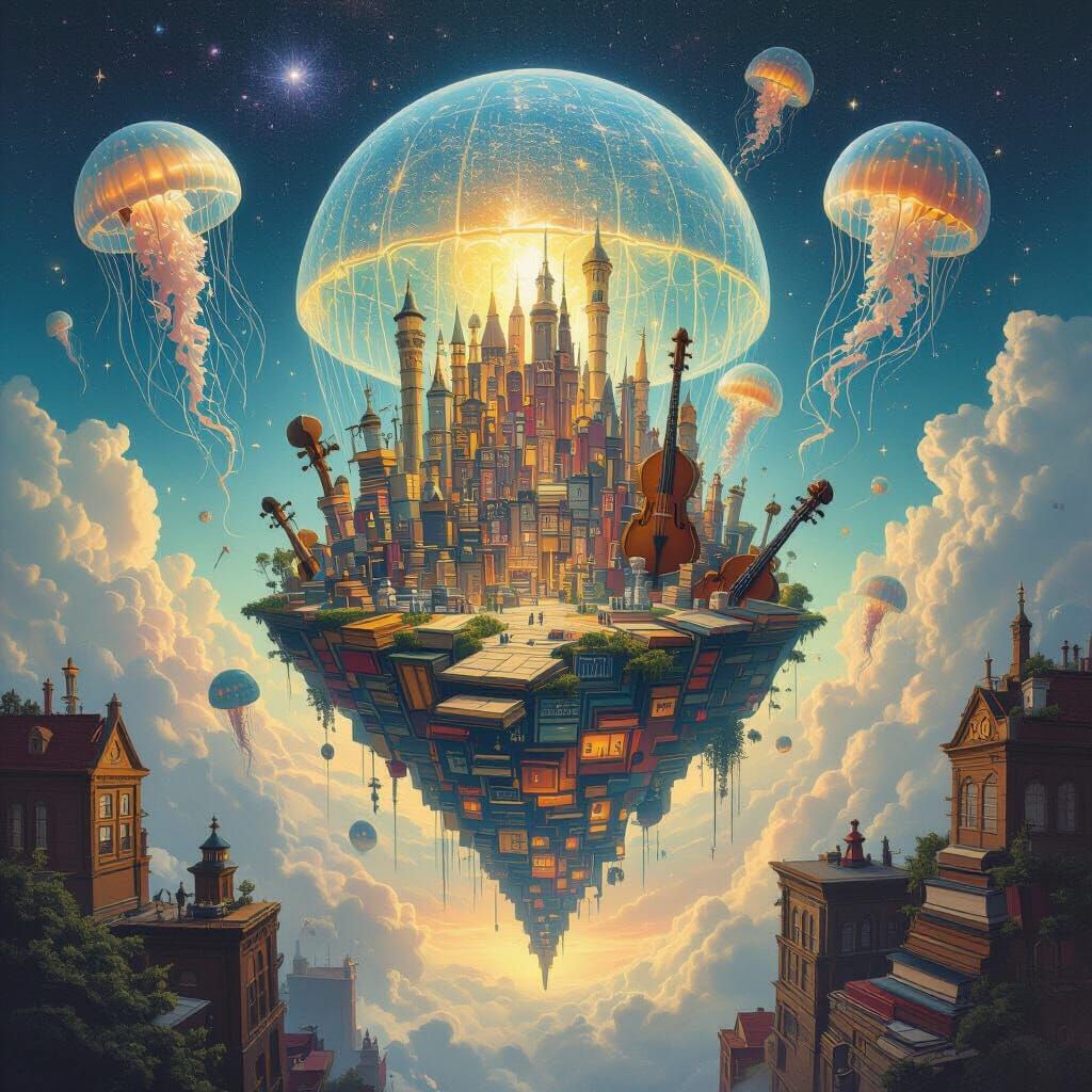 Surreal Cityscape Floats Above Star Vortex