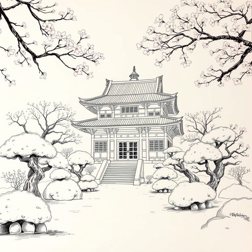 Surreal Japanese Temple in Whimsical Bonsai Landscape