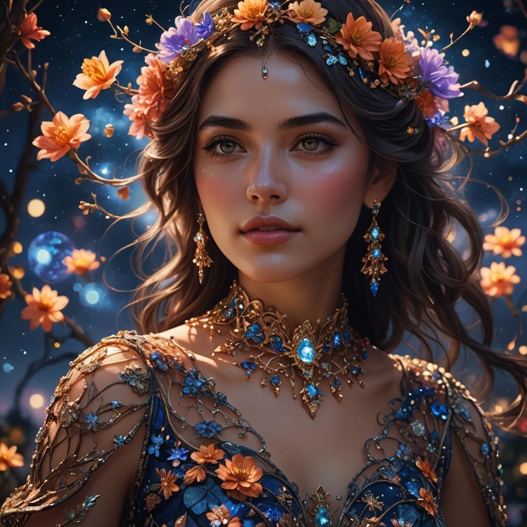 Enchanting Nighttime Portrait in Vibrant Flows and Glass