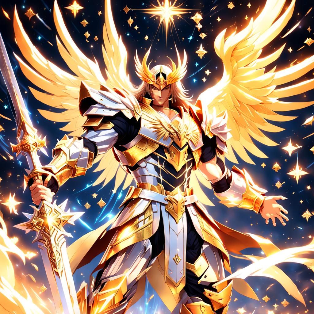 Heroic Jesus Christ in Golden Armor with Flaming Sword and A...