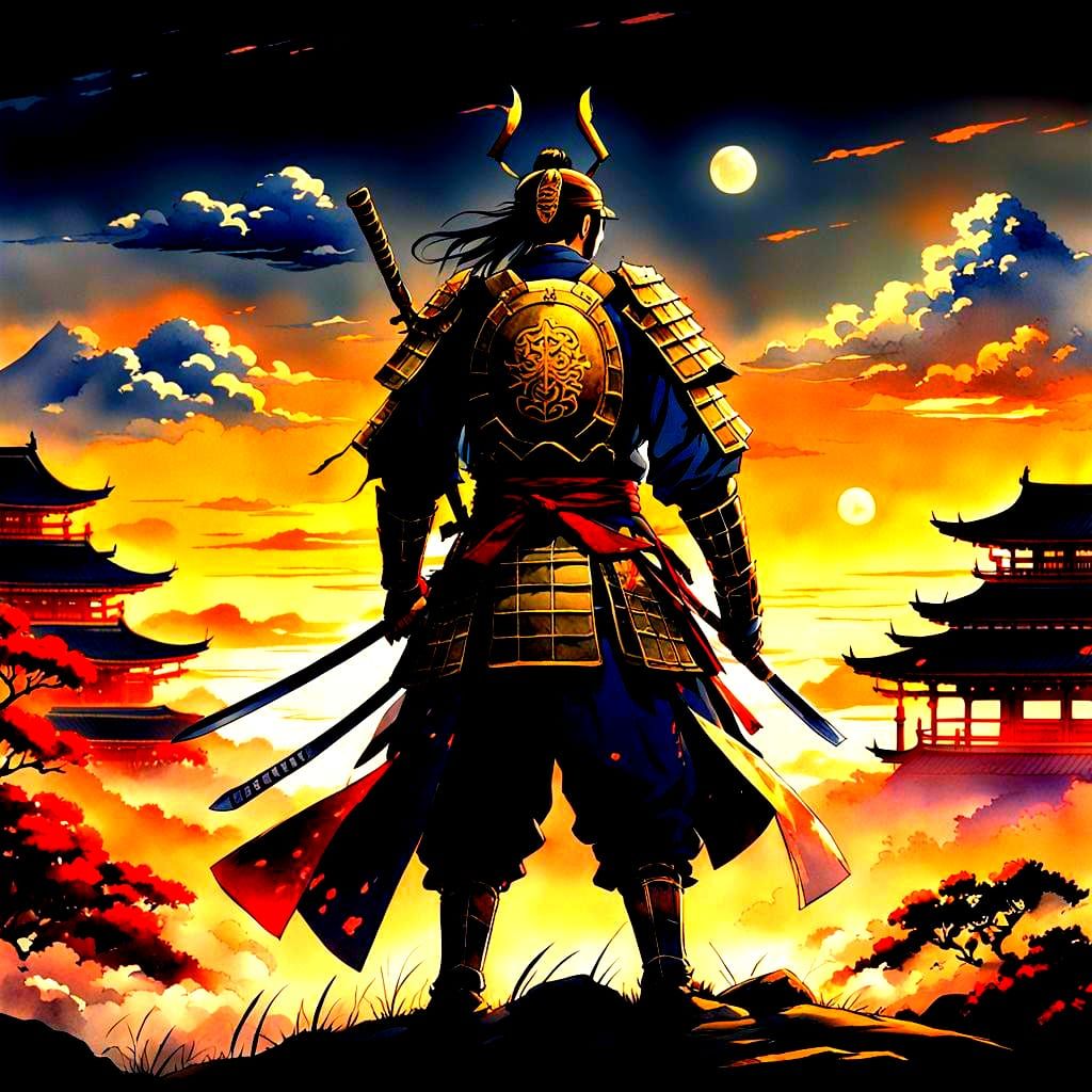 Samurai in Anime-Inspired Sunset Setting