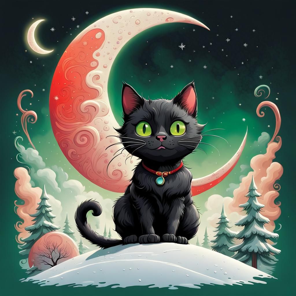 Whimsical Black Cat Illuminates the Night Sky in Pastel Hues