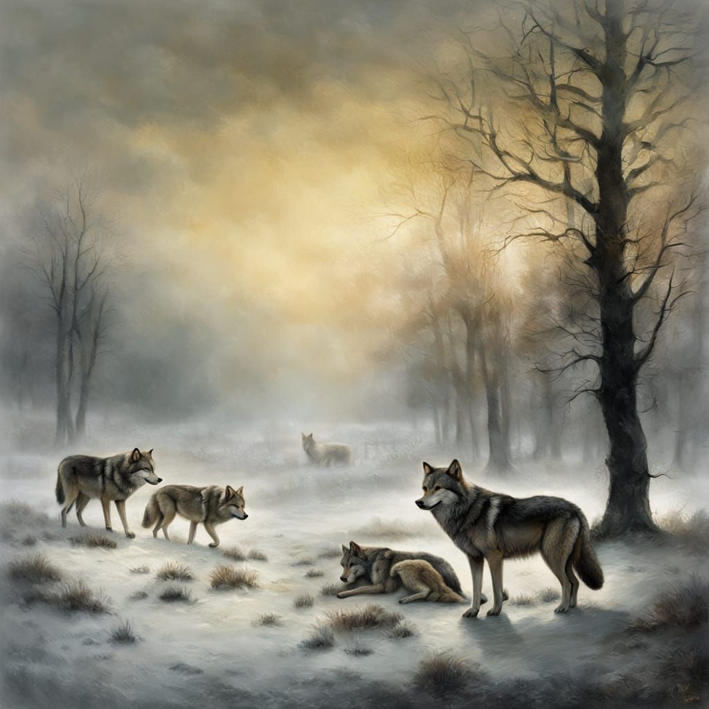 Wolves in a Dutch Golden Age Winter Glow