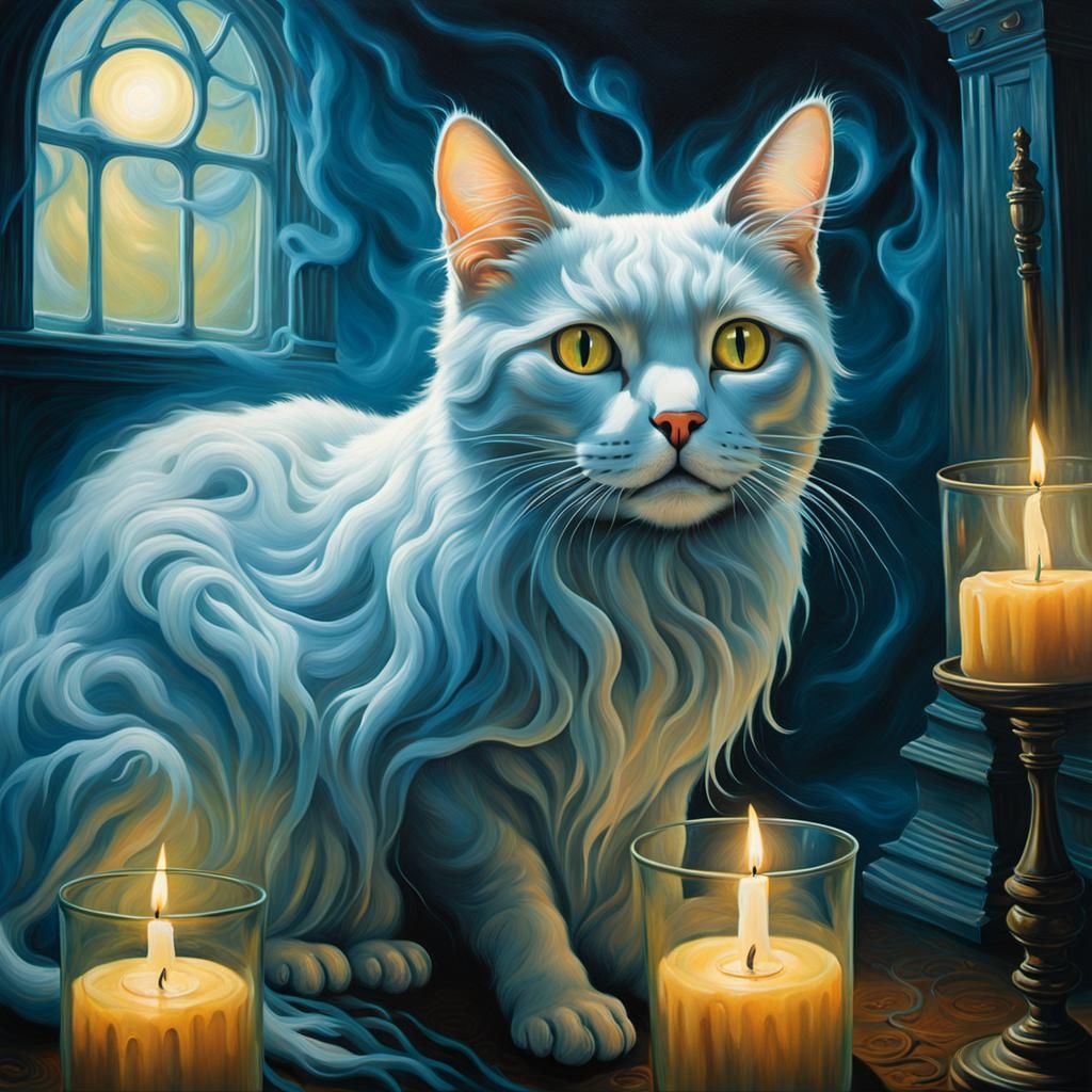 Ghostly Feline Form Emerges in Haunted Oil Painting