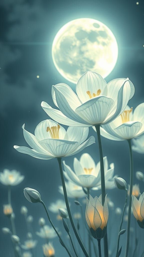Ethereal Moonflowers Release Pollen Under Lunar Eclipse