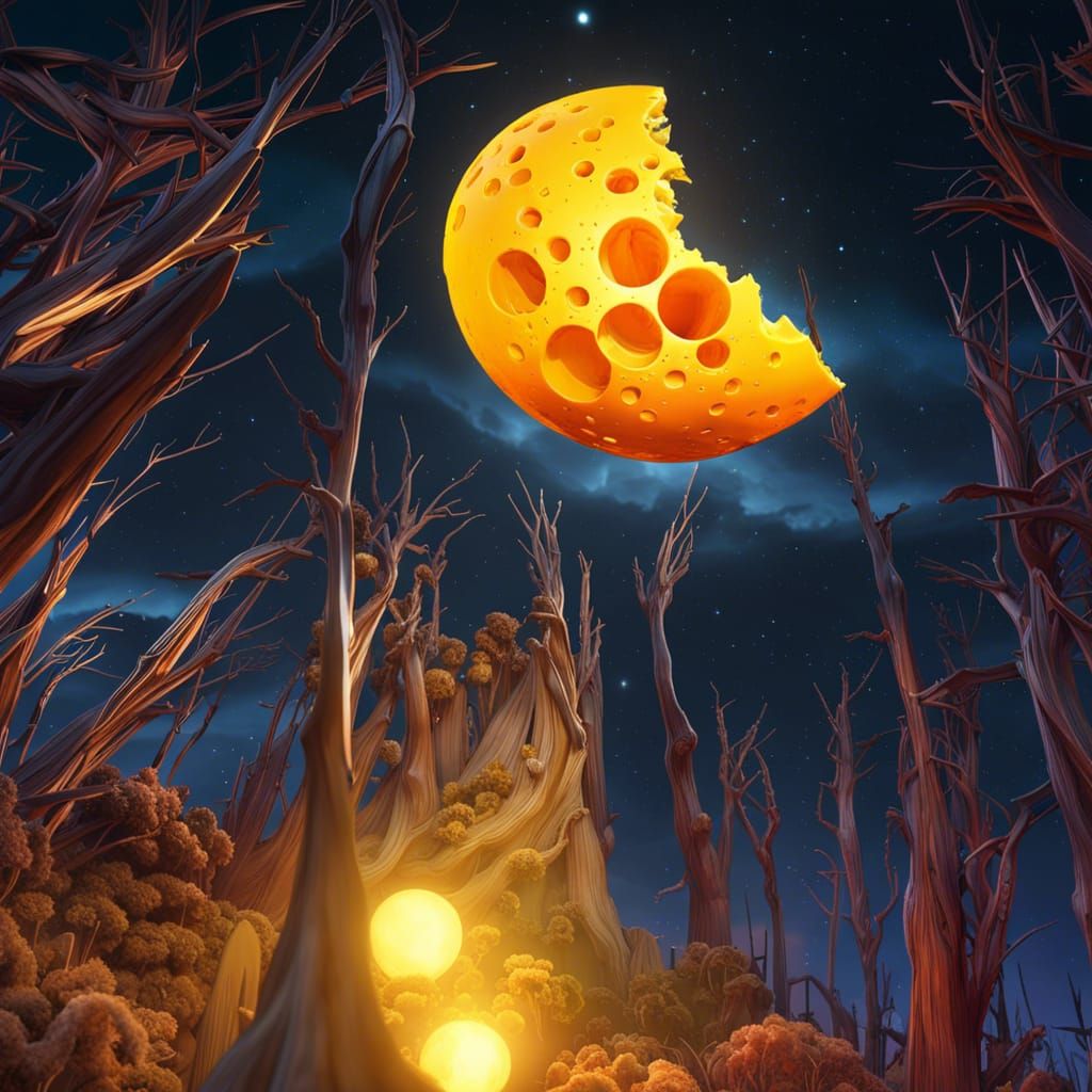A Glowing Cheddar Moon in the Starry Gouda Night Sky