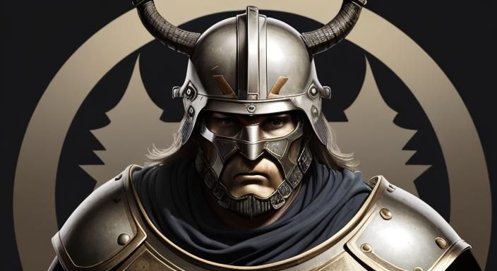 Angry Soldier with Red Eyes Wearing Ancient Warrior Helmet