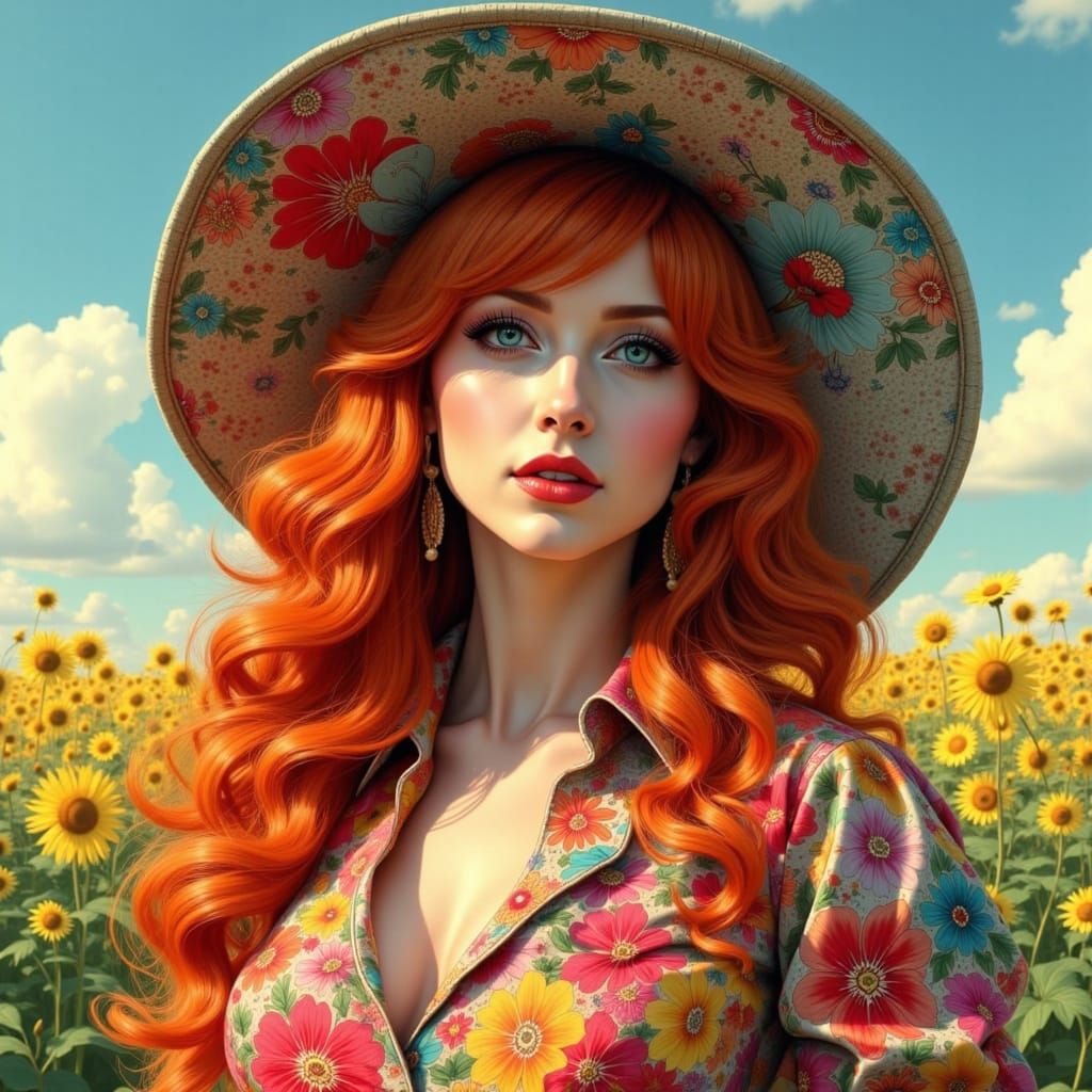 Hyperrealistic Redhead in Floral Gown Pop Art