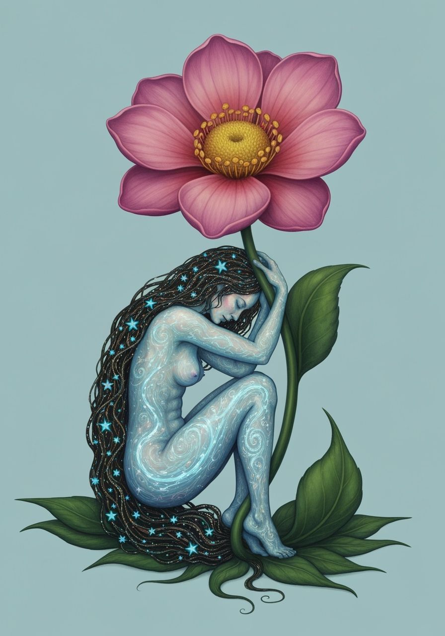 Woman Under Giant Flower, Hair Woven With Stars