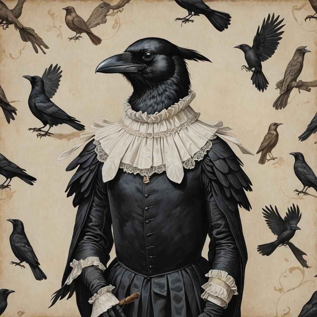 a realistic crow is wearing an Elizabethan white Ruff on its...
