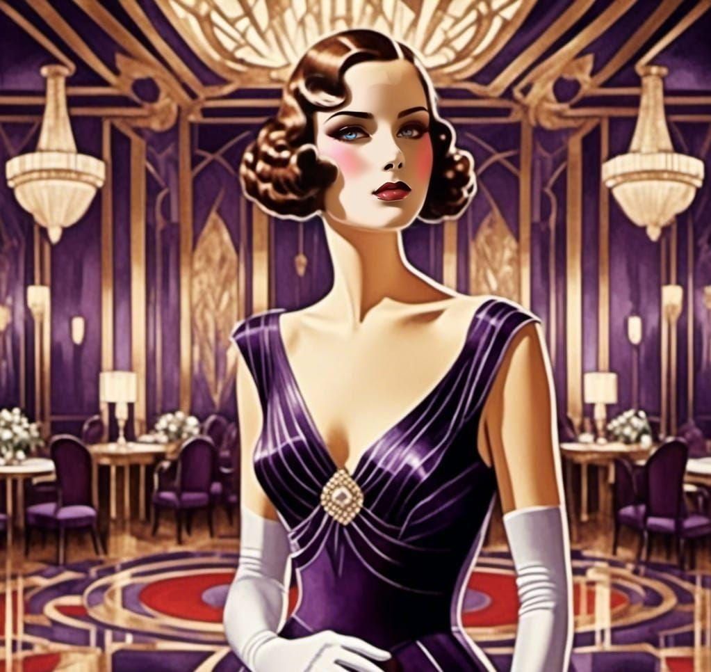 Art Deco Woman in Ballroom with Rose