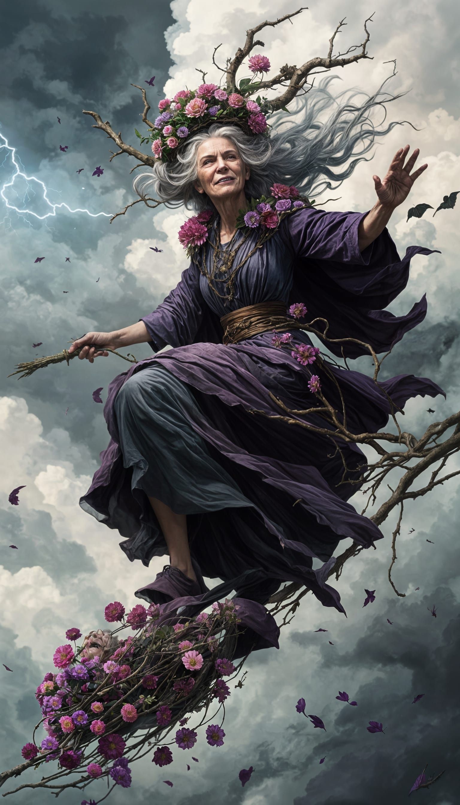 Grotesque Crone Witch Rides Storm in Digital Painting