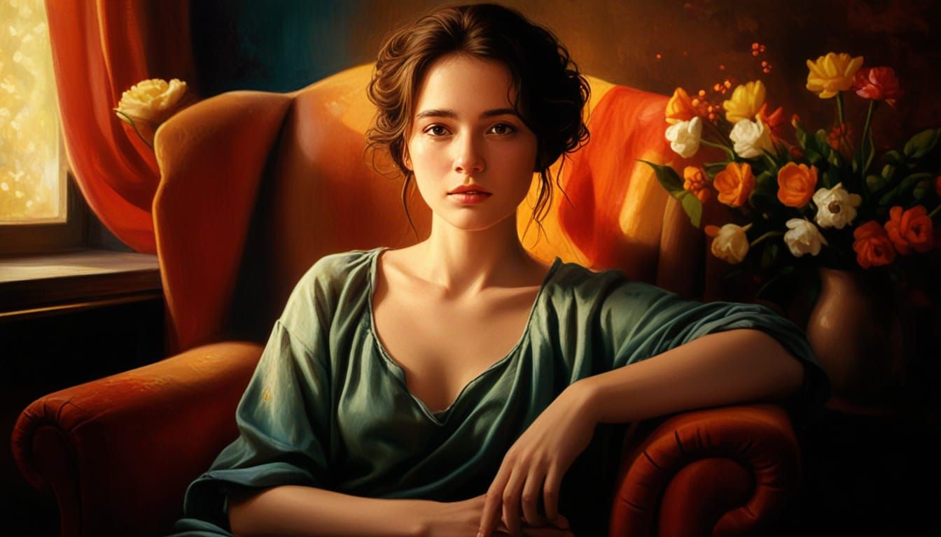 Woman in Golden Light: Vibrant Oil Painting