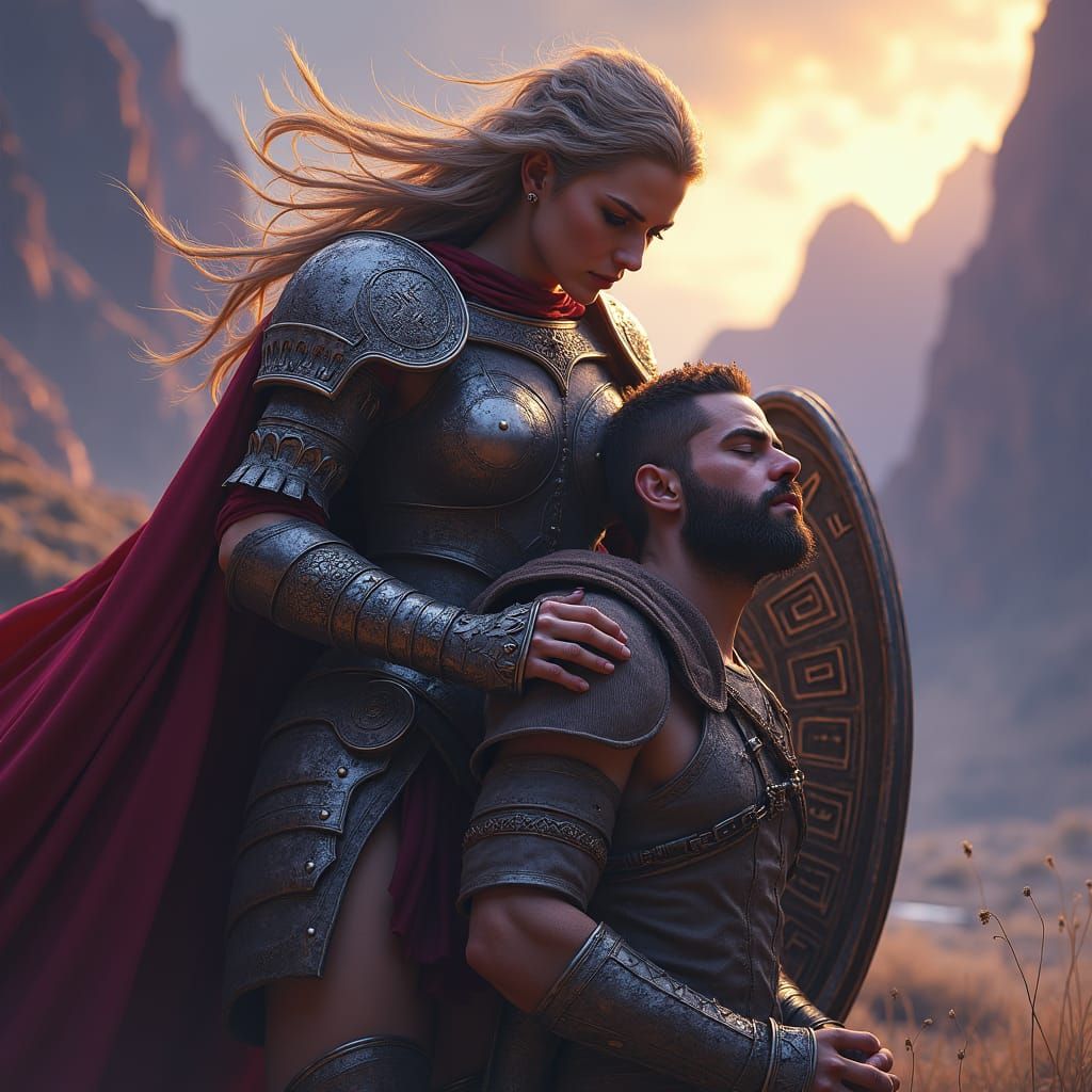 Female Warrior Safeguards Wounded Male Ally in Dark Fantasy....