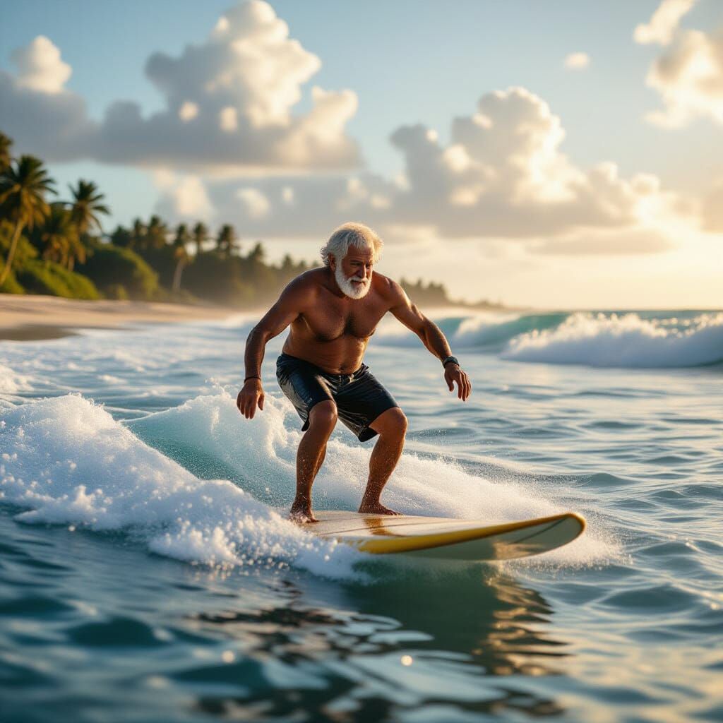 Elderly Man Surfing at a Beach in Cinematic Style