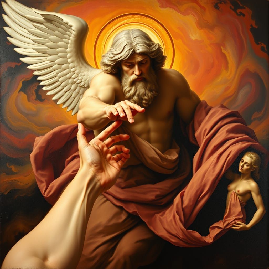 God Reaches Out to Touch Adam's Finger in a Vibrant, Swirlin...