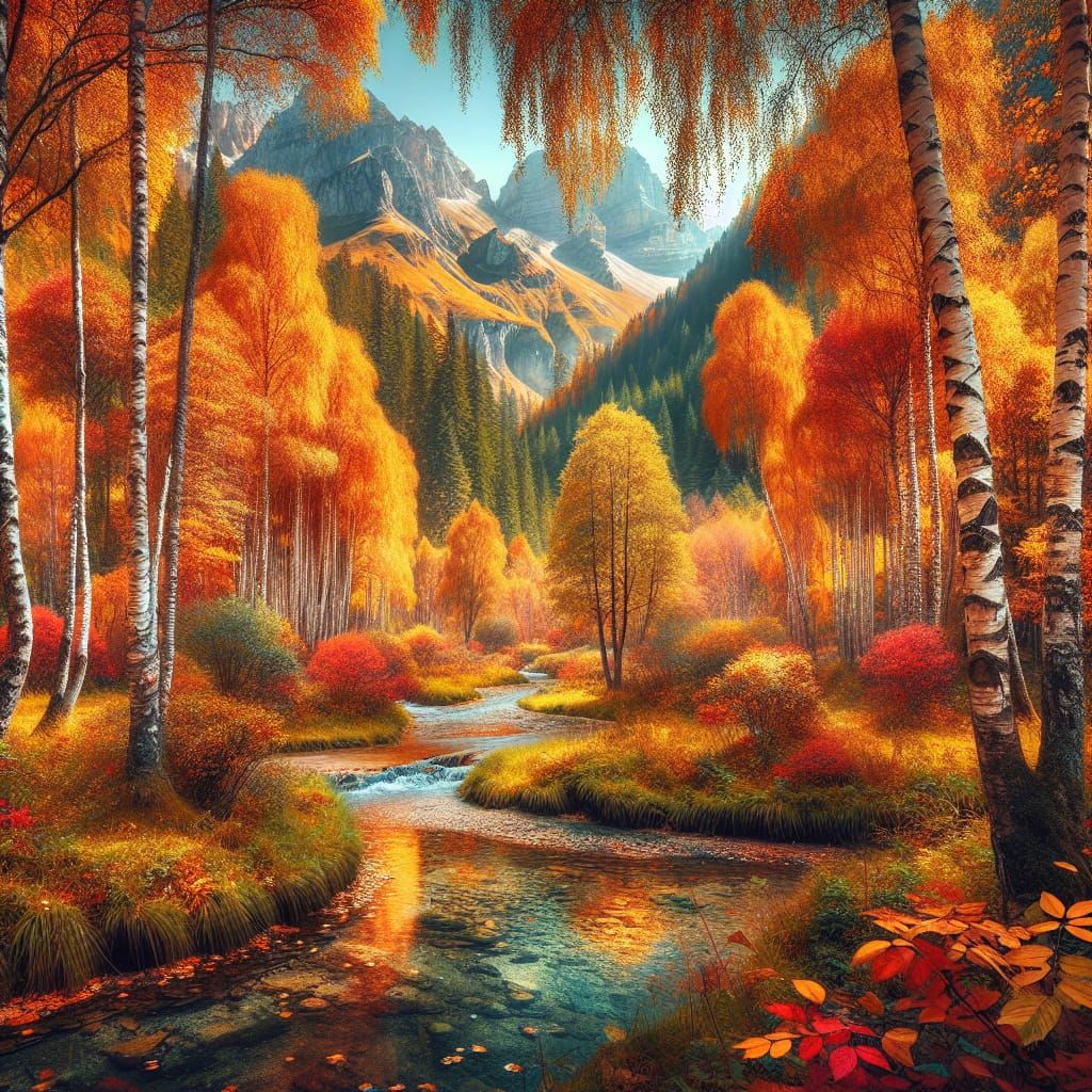 Autumn Forest with Birch Trees and Majestic Mountains