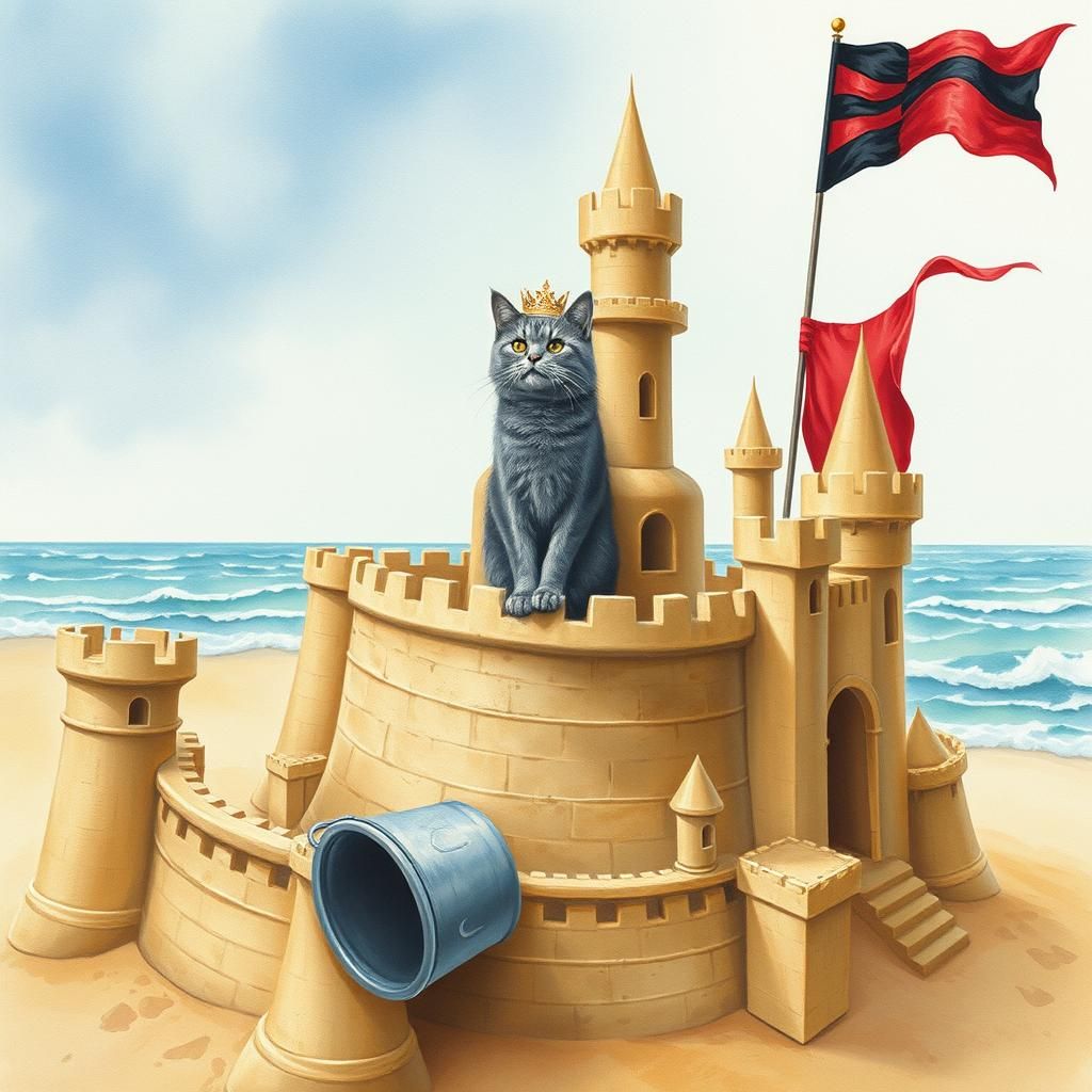 Feline Monarch surveys Seaside Sand Fortress