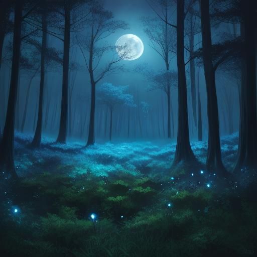 Dreamlike Forest Illuminated by Glowing Moon in Ethereal Wat...