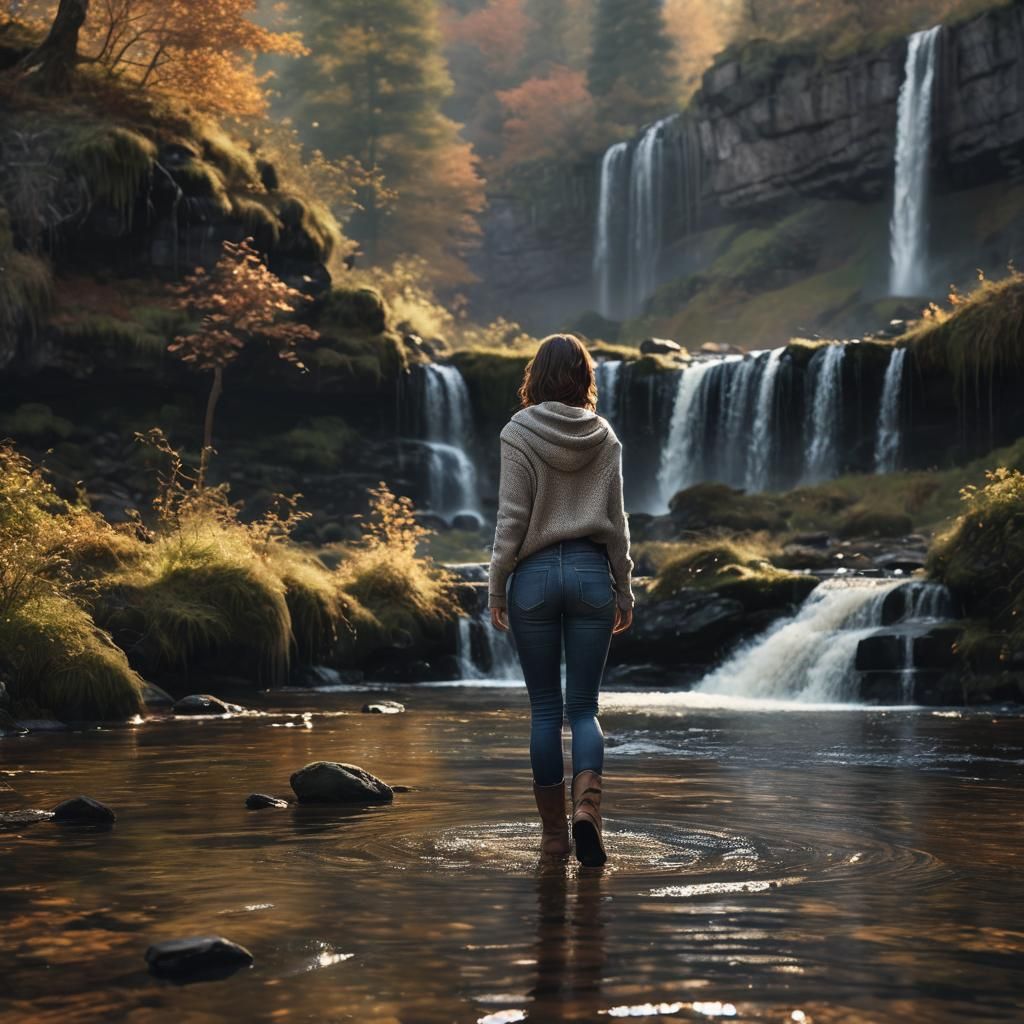 Woman Wading in Autumn Waterfall