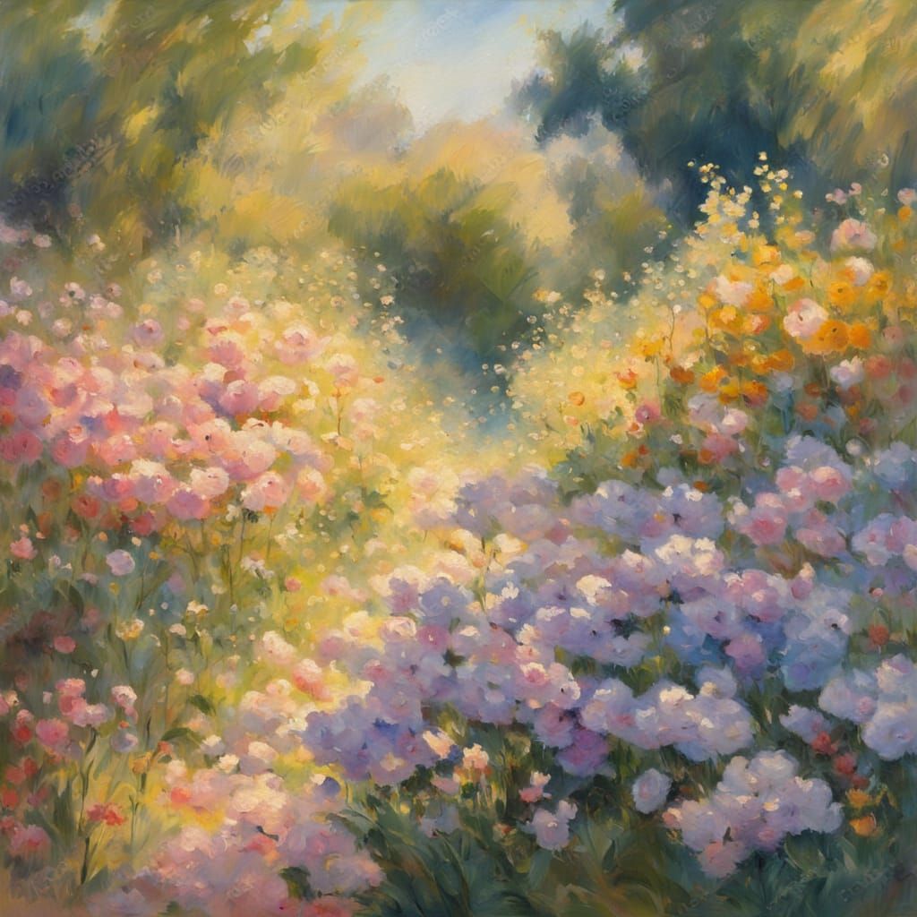 Impressionistic Flowers in Lush Landscape Oil Painting