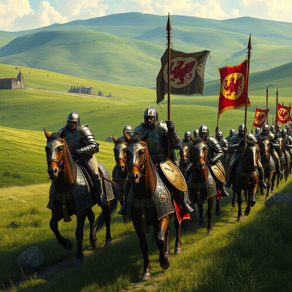 Medieval Knights March Through Rolling Green Hills
