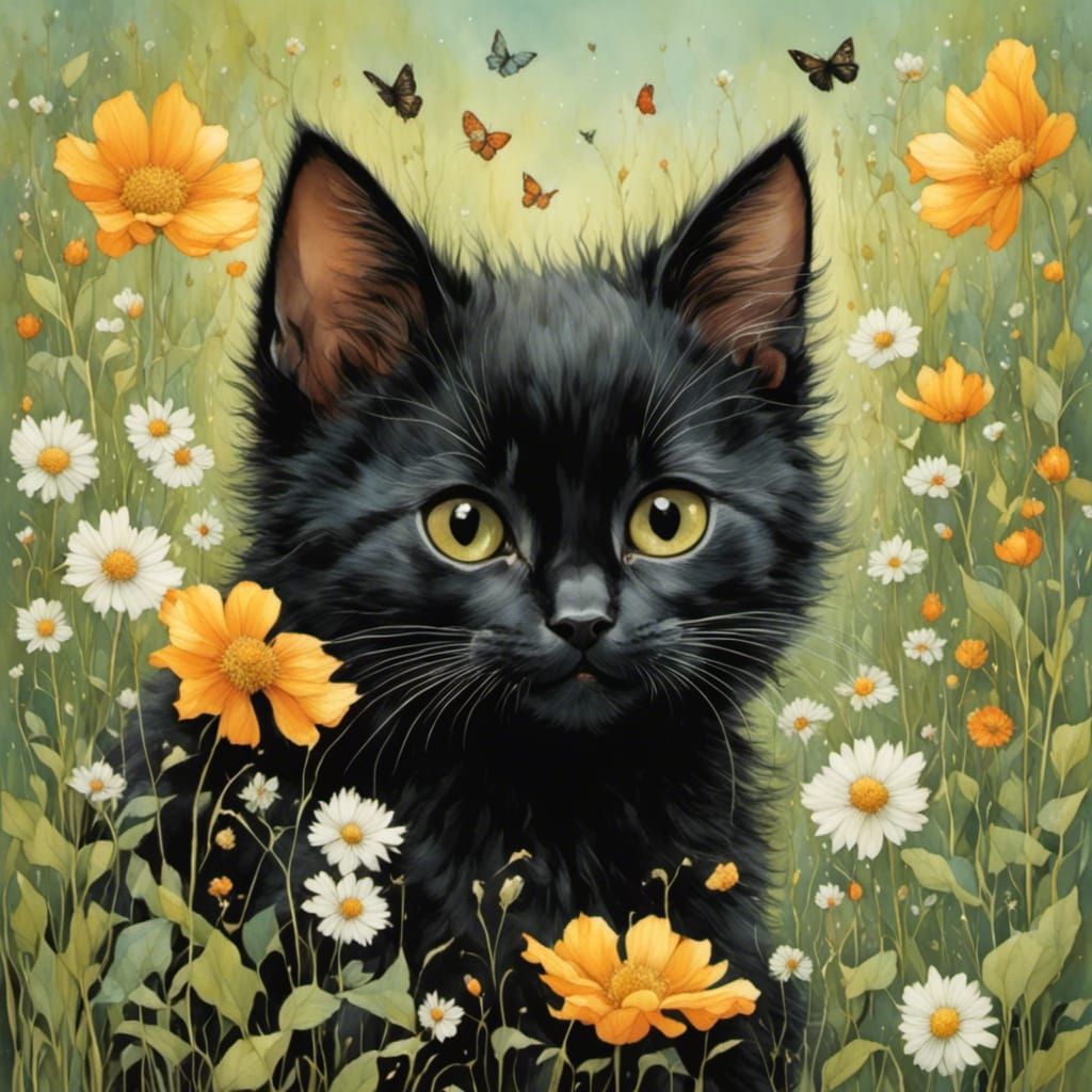 Whimsical Black Kitten in Vibrant Spring Landscape