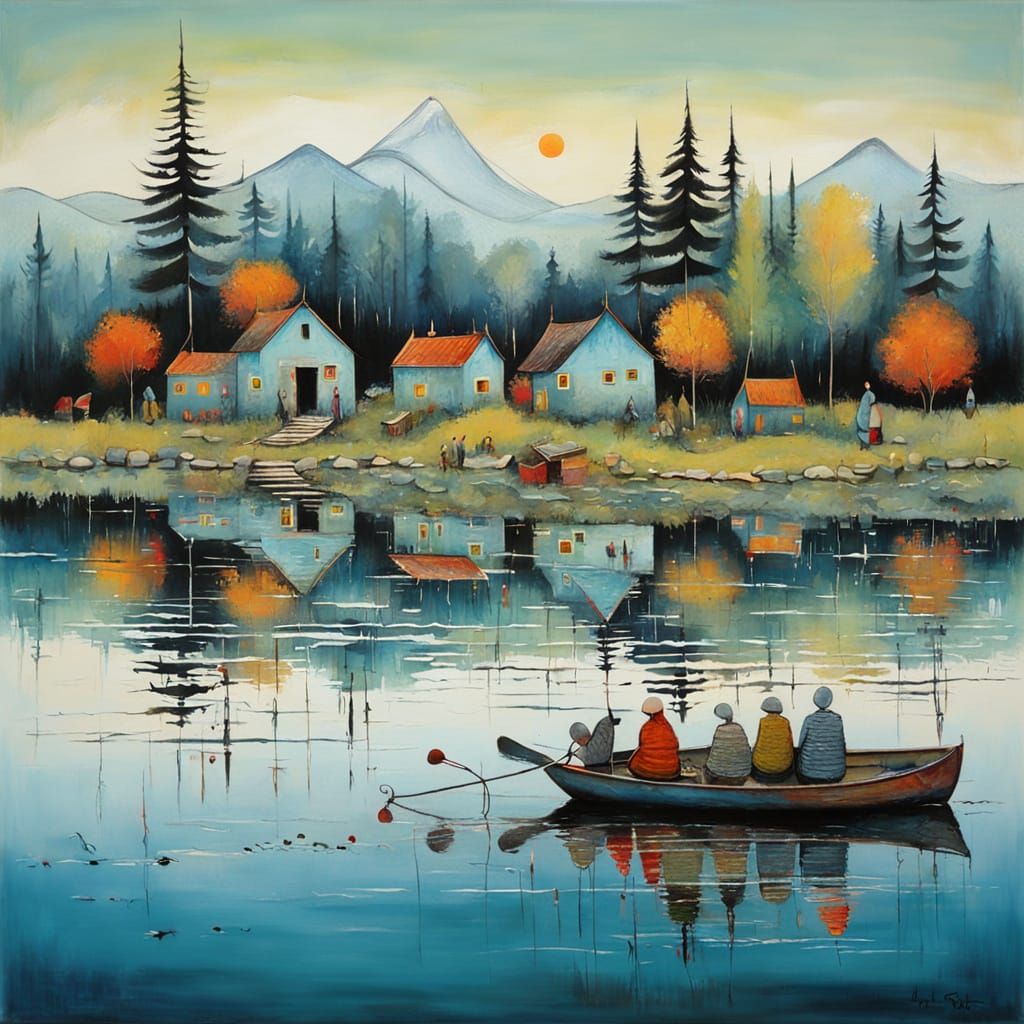 Airbrushed Lakeside Scene in Naive Art Style