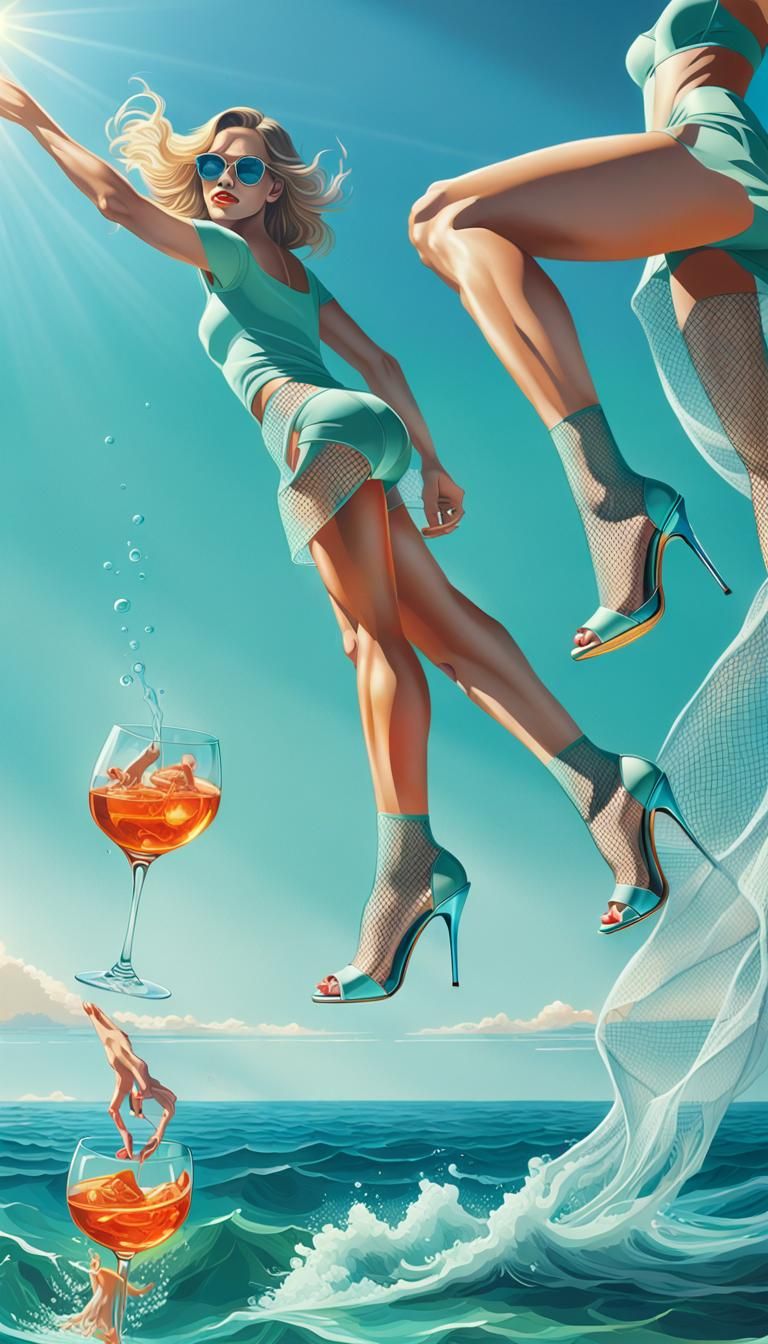 Elegant Women Bask in Dolce Vita, Azure Blue Background