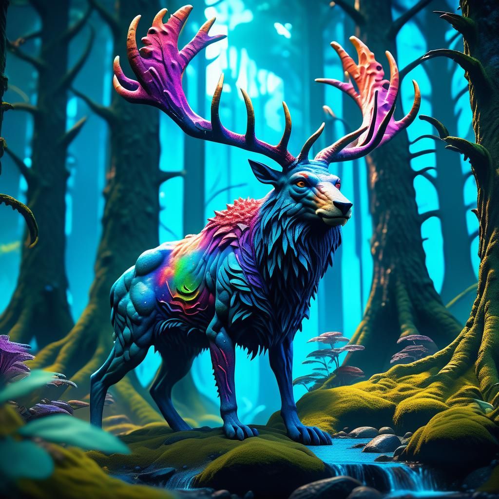 Ethereal Cosmic Wolfelk in Mystical Forest