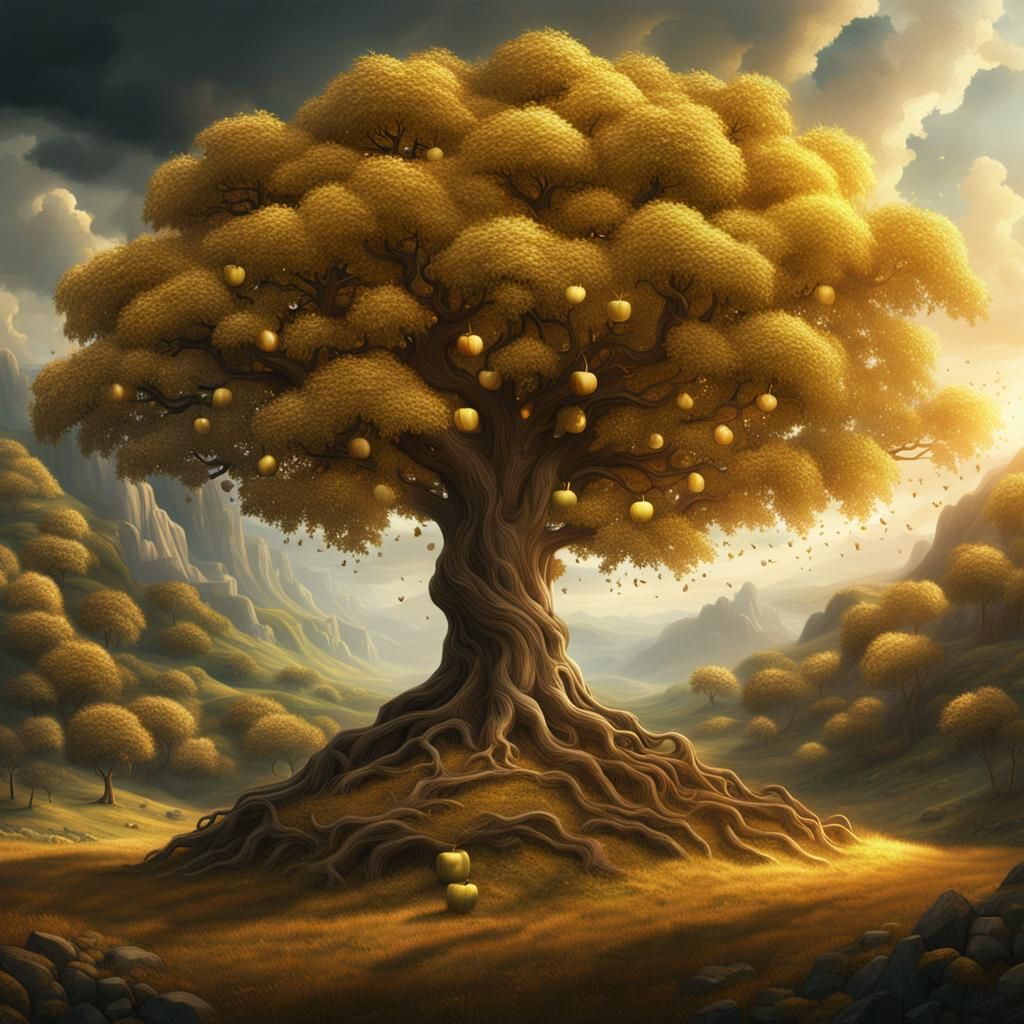 Epic Golden Apple Tree in Cinematic Digital Painting