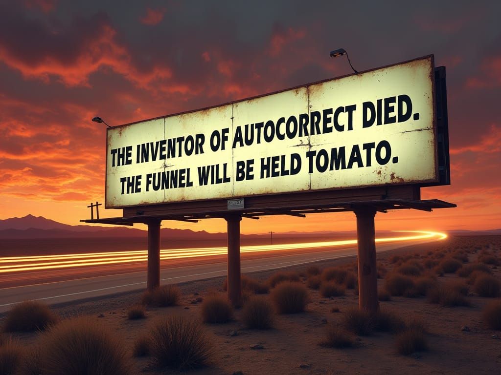 Retro Roadside Billboard at Sunset, Distressed Text Reads 'T...
