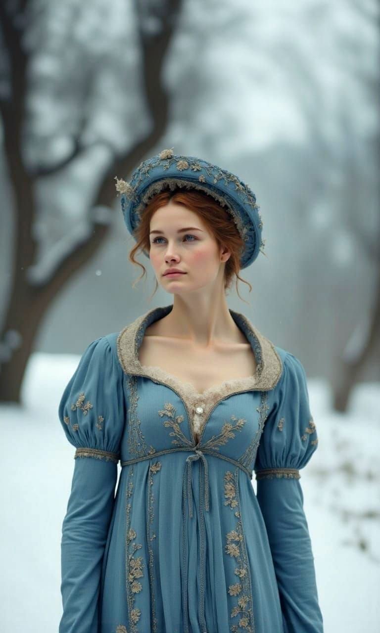 Woman in Blue Regency Dress in Snowy Landscape