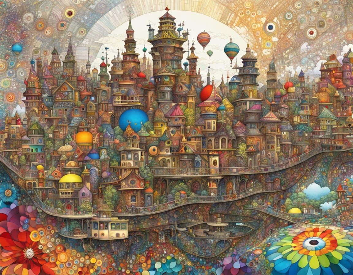 Fractal Zentangle Cityscape in Vibrant Colors