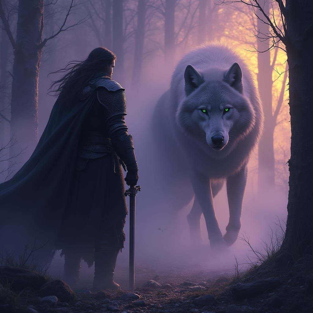 Dark Warrior Stands Vigilant in Mystical Forest