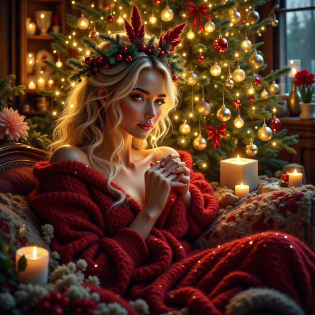 Cozy Christmas Living Room Scene with Smiling Woman
