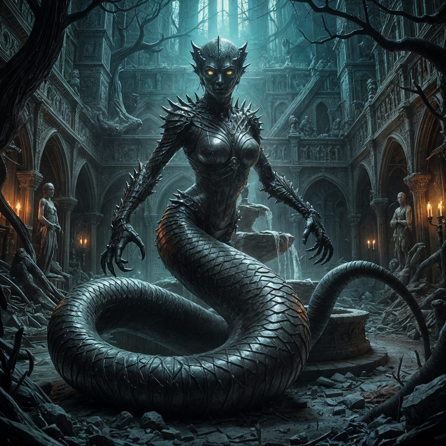 Woman Snake Hybrid in Castle Courtyard