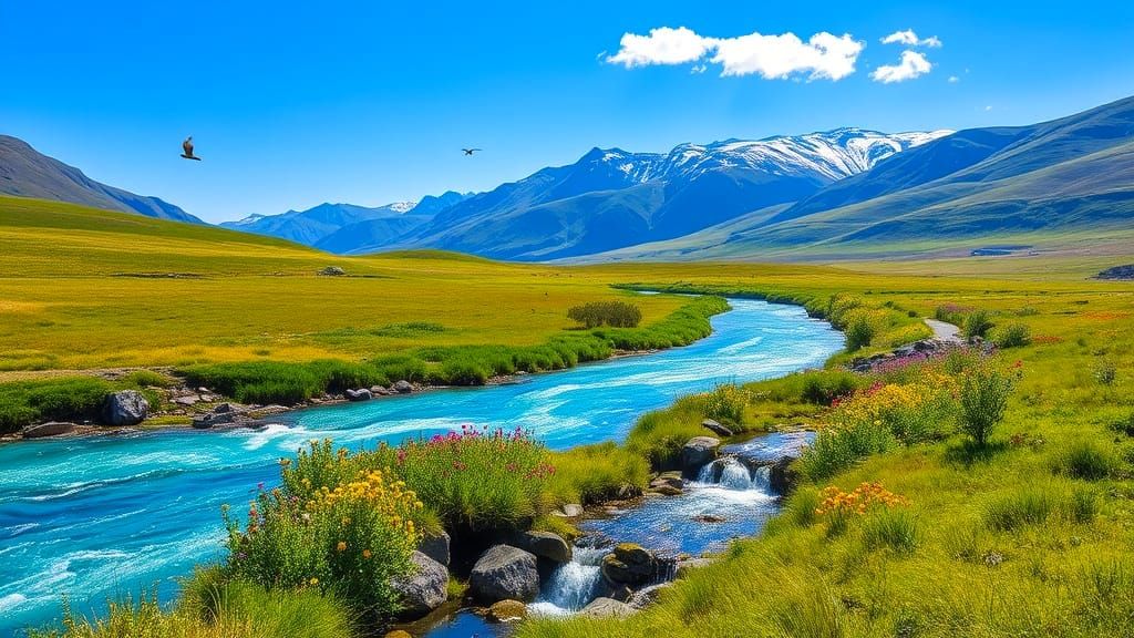 Lush Countryside Scene with Majestic Mountains and Sparkling...