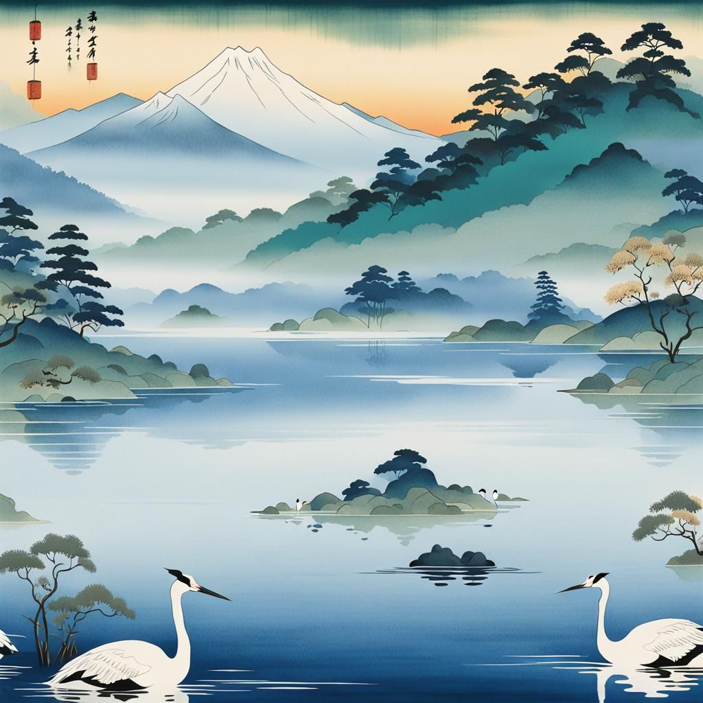 Elegant Ukiyo-E Landscape with Cranes in Misty Waters