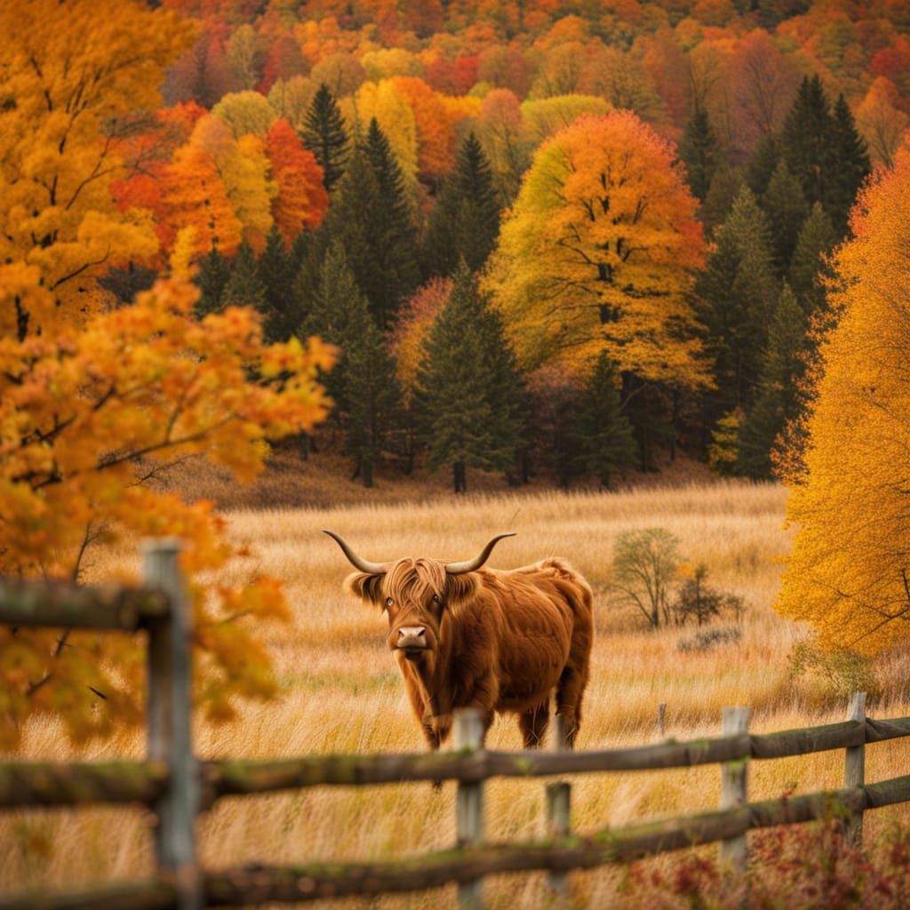 Highland Cow in Autumn Landscape Photography