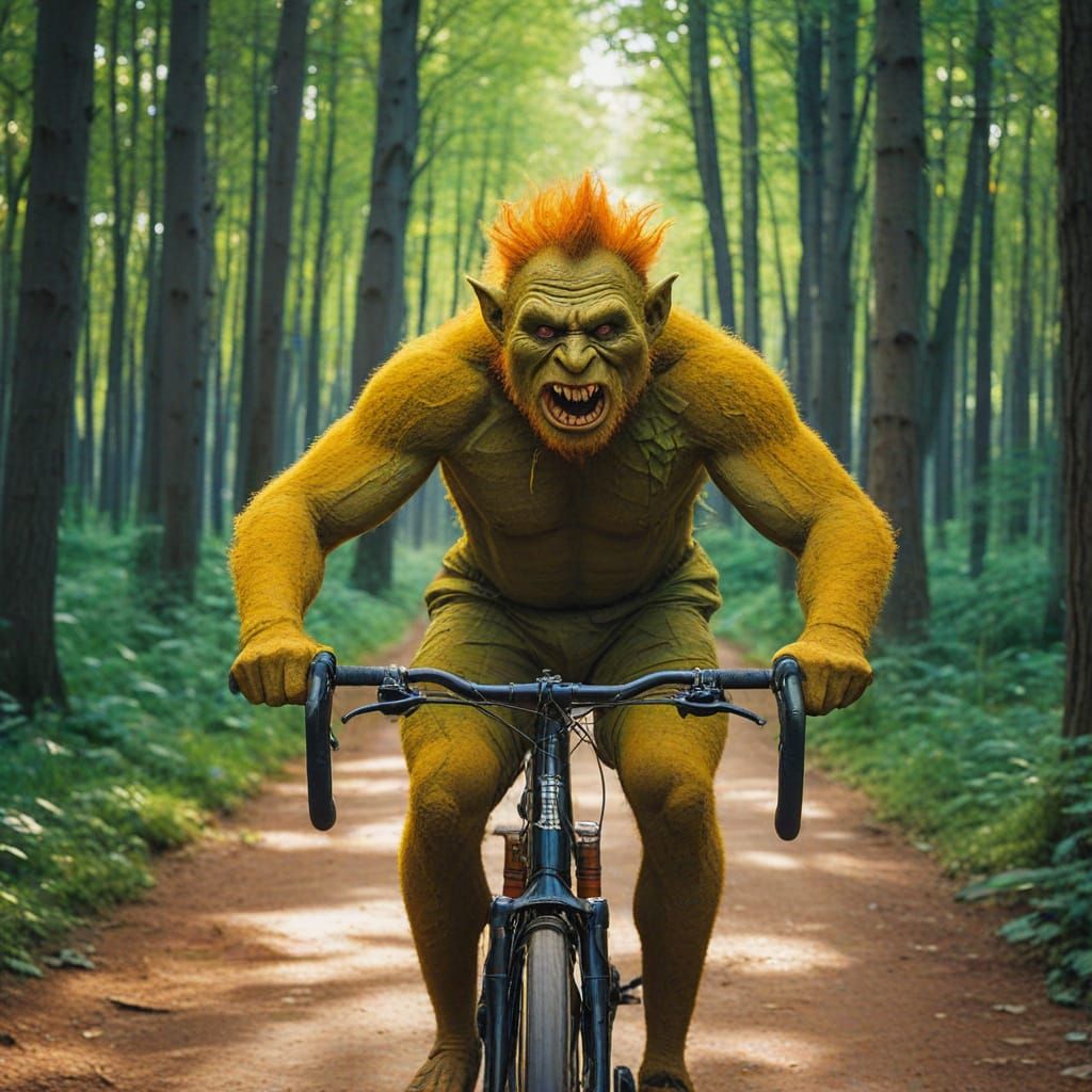 Joyful Troll Rides Bike in Fauvist Forest
