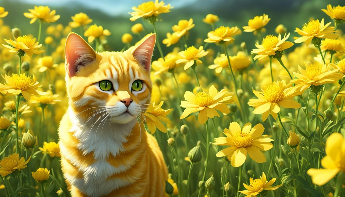 Vibrant Anime-Inspired Cat Amidst Golden Blooms