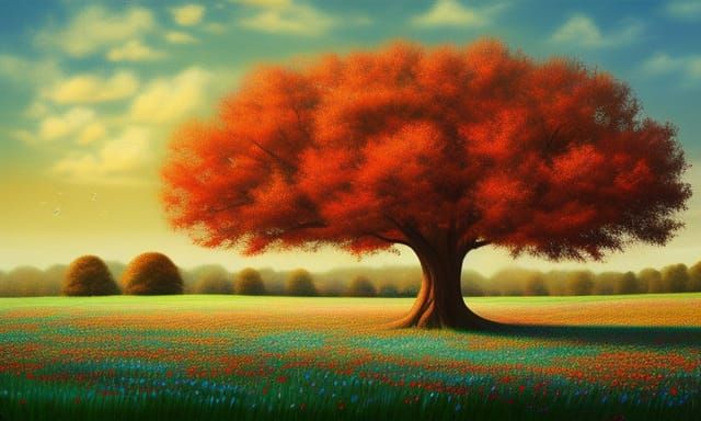 Ethereal Oak Tree in Vibrant Floral Field