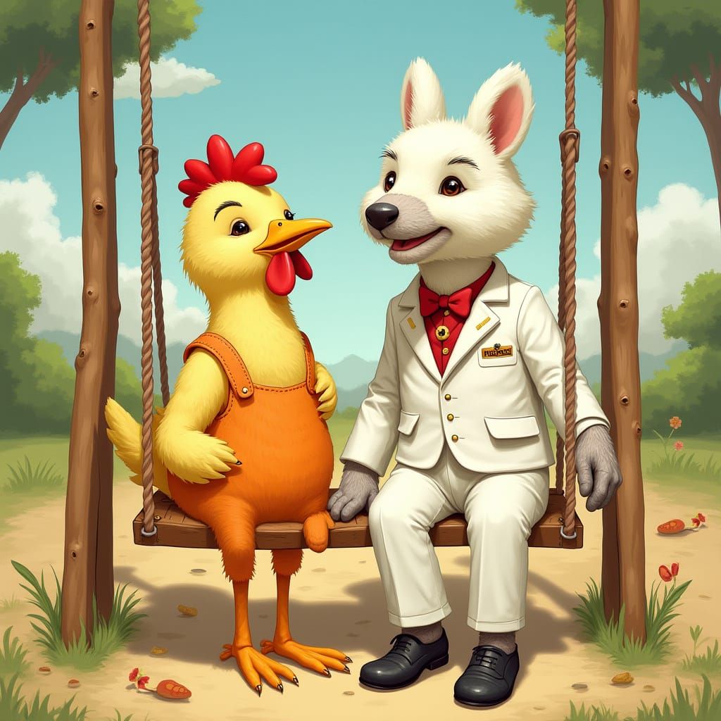 Chicken and Colonel Sanders on a Swing Set