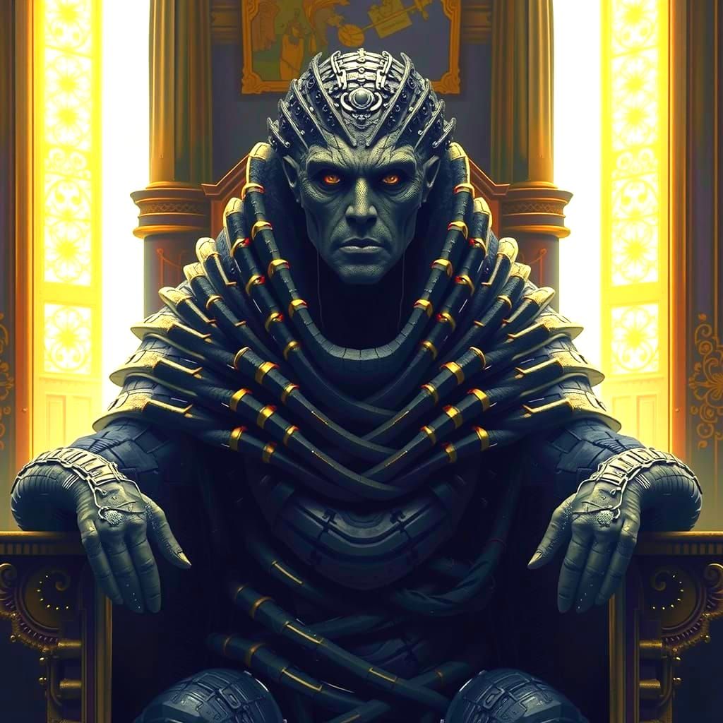 Science Fiction King with Worm-like Skin on Throne