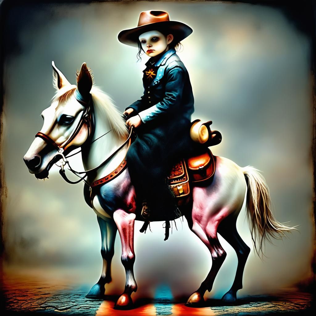 Eerie Cowboy and Dog Duo in Moody, Haunting Scene