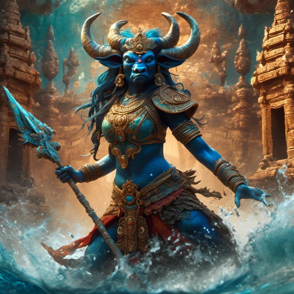 Hybrid Water-Buffalo Female Demon in Hyperrealistic Temple S...