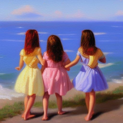 Sisters Bonding in Whimsical Oil Painting
