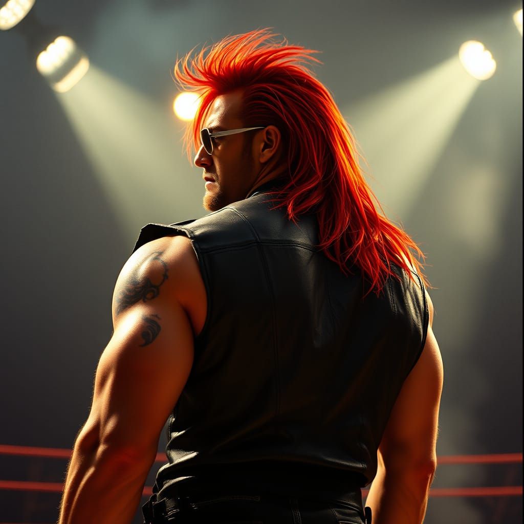 Rugged Wrestler in Dimly Lit Dojo, Fiery Hair and Tribal Tat...