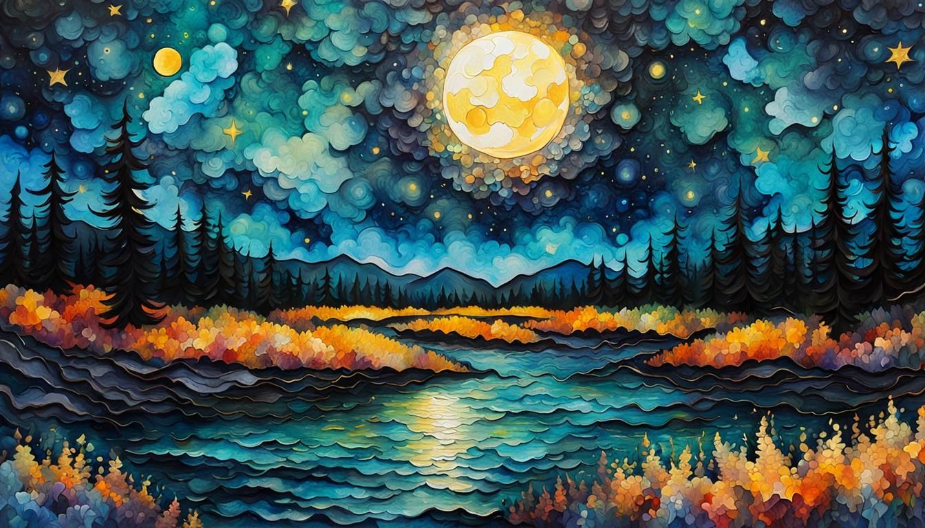 Luminous Celestial Landscape in Impasto Oil and Watercolour